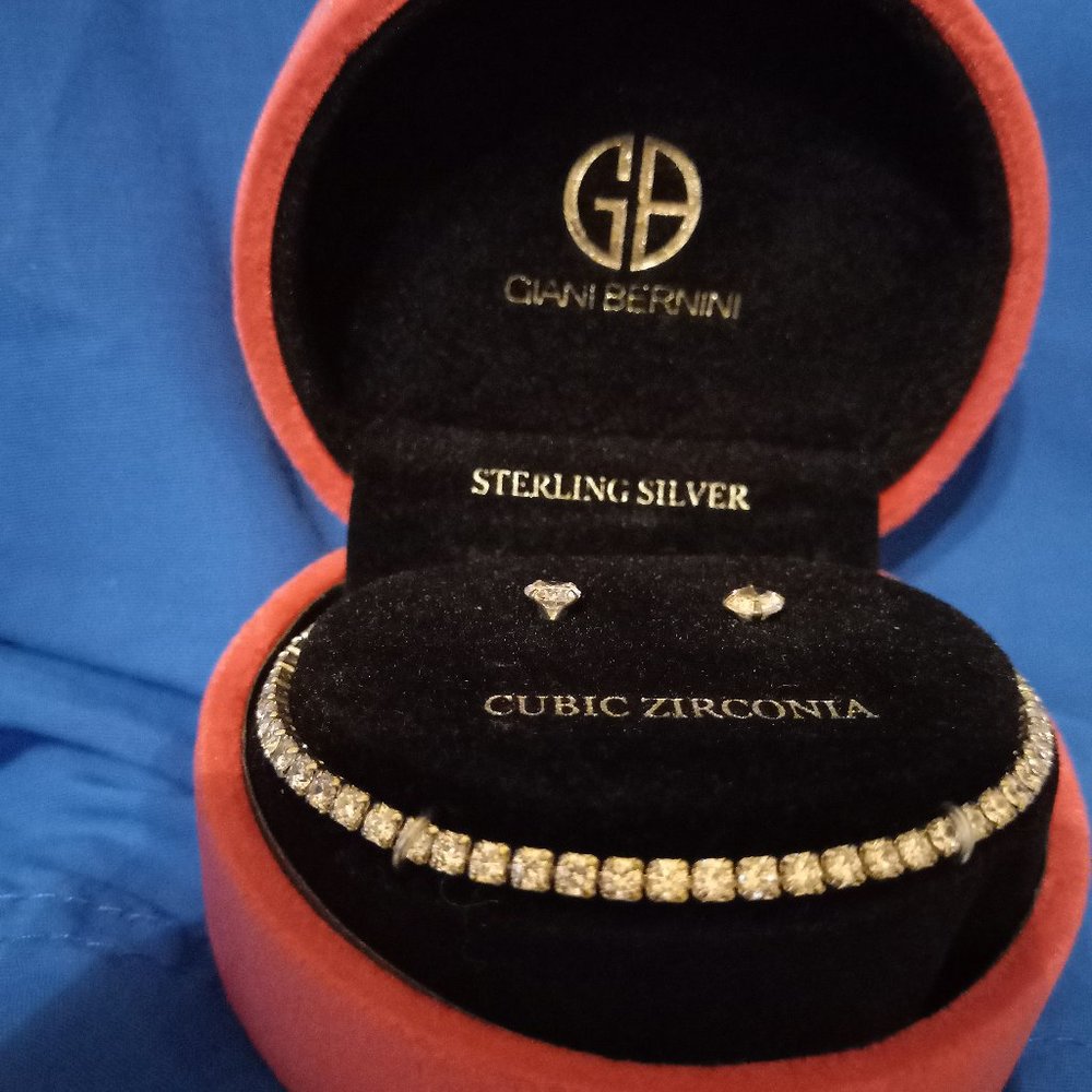 Giani Bernini Tennis BRACELET & Stud EARRINGS Set Sterling Silver & CZ Solitaire